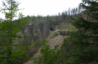 Kettle Valley Railway Myra Canyon, on return, looking back at trestle 10 and tunnel, 2010-08.